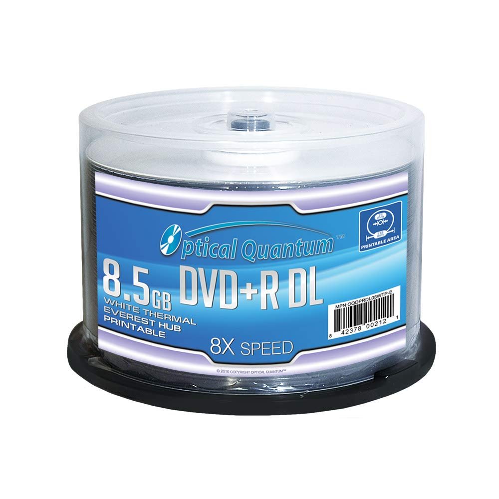 Optical Quantum 8X 8.5GB DVD+R Double Layer Blank Disc White Thermal Everest Hub Printable, 50 pcs